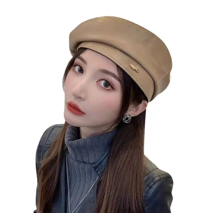Women's Classic PU Leather French Beret Hat Retro Beanie Hat Artist Beret Cap Adjustable Painter Pumpkin Cap - 7