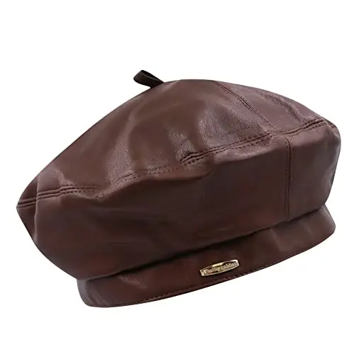 Women's Classic PU Leather French Beret Hat Retro Beanie Hat Artist Beret Cap Adjustable Painter Pumpkin Cap - 2
