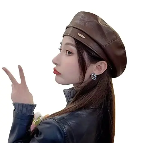 Women's Classic PU Leather French Beret Hat Retro Beanie Hat Artist Beret Cap Adjustable Painter Pumpkin Cap - 7
