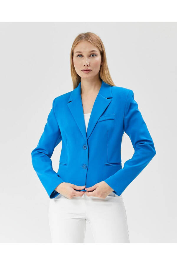 Women's Classic Short Crop Biker Jacket BLUE - 3