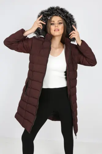 Women's Closed Burgundy Padded Long Coat-Closed Burgundy - 1