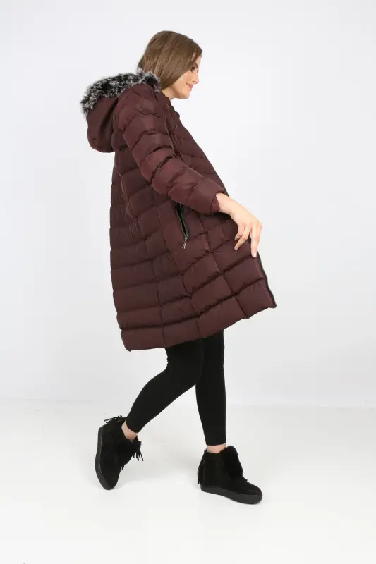 Women's Closed Burgundy Padded Long Coat-Closed Burgundy - 2