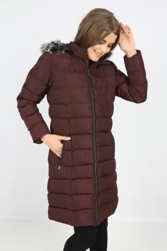 Women's Closed Burgundy Padded Long Coat-Closed Burgundy - 3