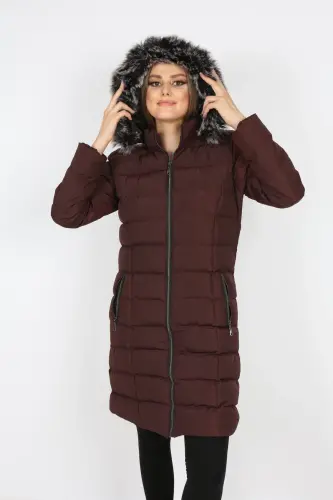 Women's Closed Burgundy Padded Long Coat-Closed Burgundy - 4