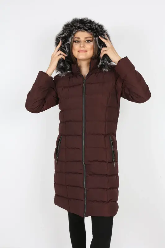 Women's Closed Burgundy Padded Long Coat-Closed Burgundy - 4