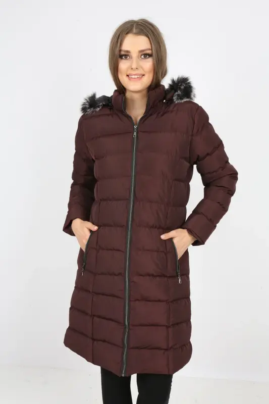 Women's Closed Burgundy Padded Long Coat-Closed Burgundy - 5