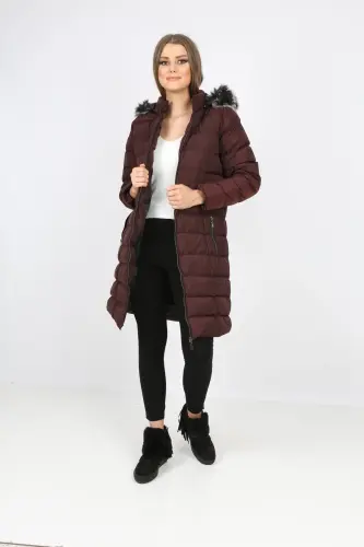 Women's Closed Burgundy Padded Long Coat-Closed Burgundy - 7