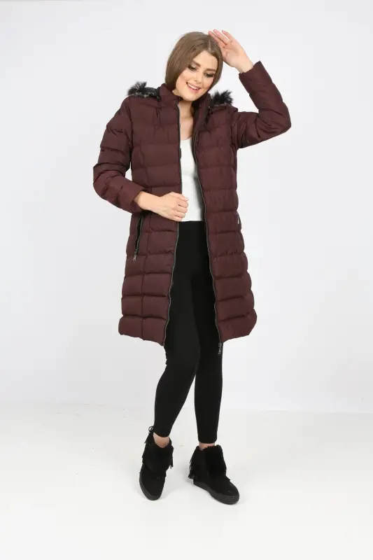 Women's Closed Burgundy Padded Long Coat-Closed Burgundy - 8