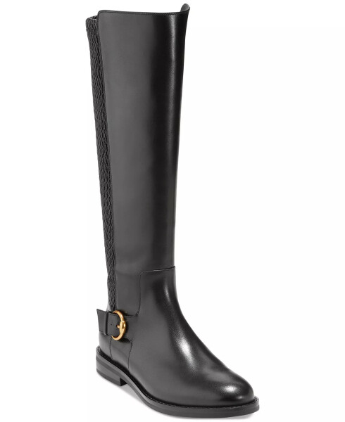 Women's Clover Stretch Side-Buckle Riding Boots Black Leather - 1