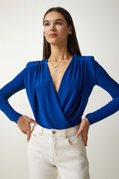 Women's Cobalt Blue Envelope Neck Snap Button Knit Blouse FF00147 