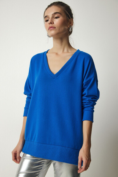 Women's Cobalt Blue V Neck Soft Knit Sweater UB00197- - HAPPINESS İSTANBUL