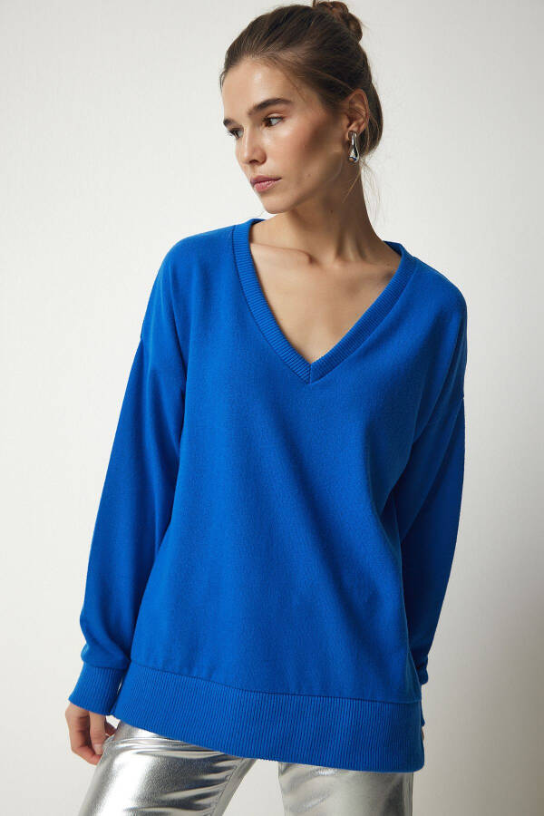 Women's Cobalt Blue V Neck Soft Knit Sweater UB00197- - 2