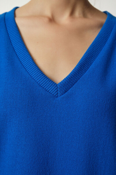 Women's Cobalt Blue V Neck Soft Knit Sweater UB00197- - 3