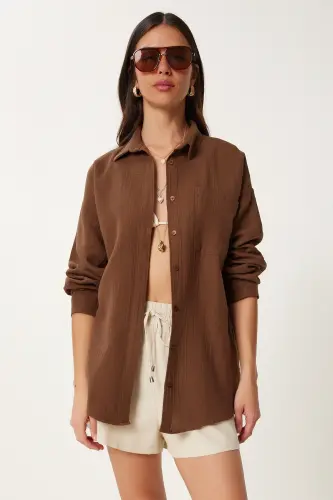Kadın Kakao Oversize Basic Müslin Gömlek MX00150 - Yağ Yeşili 