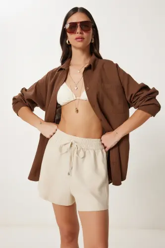 Kadın Kakao Oversize Basic Müslin Gömlek MX00150 - Yağ Yeşili - HAPPINESS İSTANBUL (1)