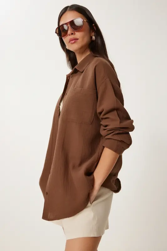 Kadın Kakao Oversize Basic Müslin Gömlek MX00150 - Yağ Yeşili - 3