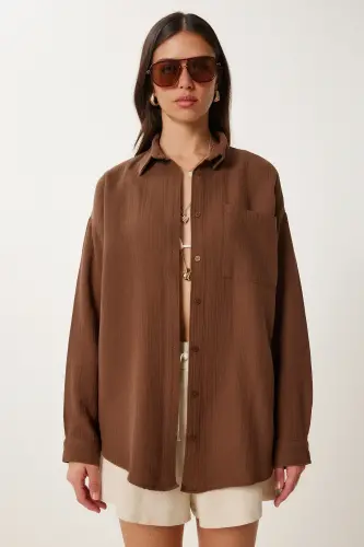 Kadın Kakao Oversize Basic Müslin Gömlek MX00150 - Yağ Yeşili - 4