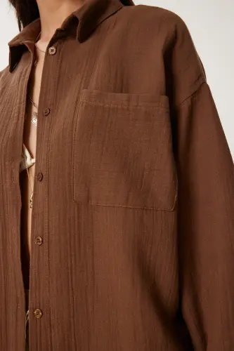 Kadın Kakao Oversize Basic Müslin Gömlek MX00150 - Yağ Yeşili - 5
