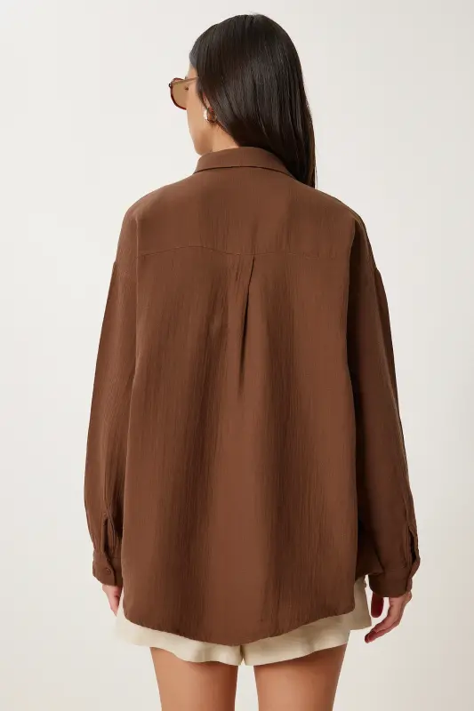 Kadın Kakao Oversize Basic Müslin Gömlek MX00150 - Yağ Yeşili - 6