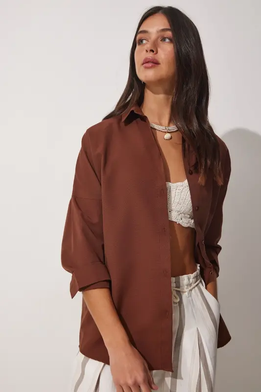 Women's Cocoa Oversized Long Basic Shirt DD00842 - Cocoa - HAPPINESS İSTANBUL