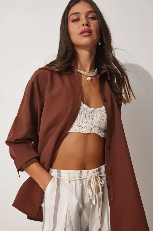 Women's Cocoa Oversized Long Basic Shirt DD00842 - Cocoa - 3