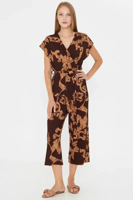 Women's Coffee-Beige Crossover Waist Belted Jumpsuit ARM-20Y042008-Coffee - 1