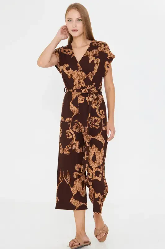 Women's Coffee-Beige Crossover Waist Belted Jumpsuit ARM-20Y042008-Coffee - 2