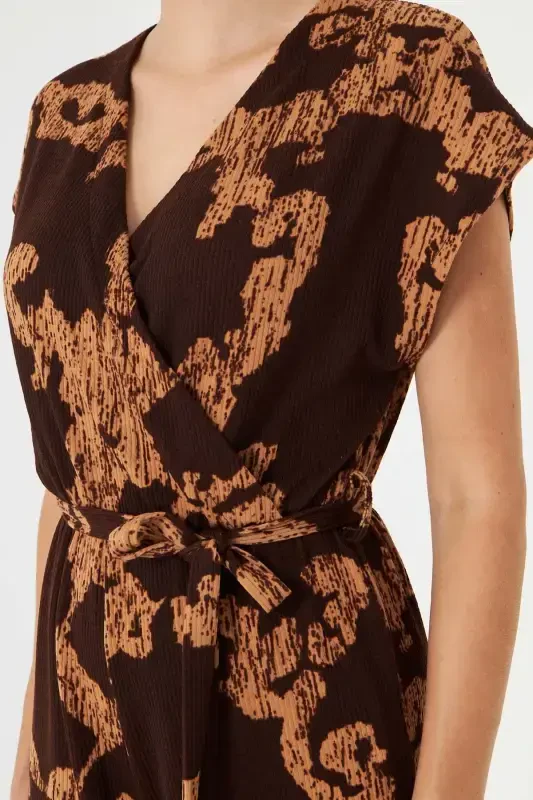 Women's Coffee-Beige Crossover Waist Belted Jumpsuit ARM-20Y042008-Coffee - 3