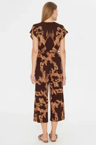 Women's Coffee-Beige Crossover Waist Belted Jumpsuit ARM-20Y042008-Coffee - 4