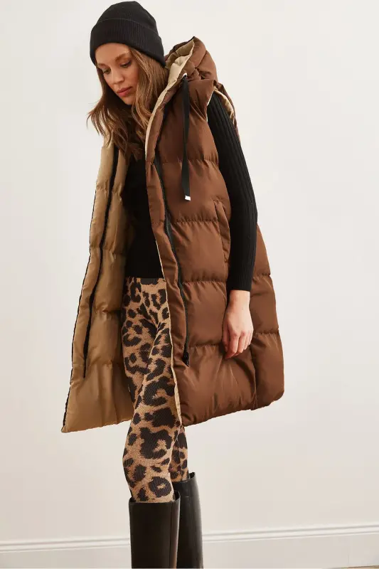 Women's Coffee Beige Reversible Padded Hooded Woven VestYLK-19000013-Coffee Beige - OLALOOK