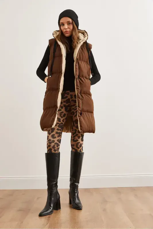 Women's Coffee Beige Reversible Padded Hooded Woven VestYLK-19000013-Coffee Beige - 2