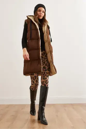 Women's Coffee Beige Reversible Padded Hooded Woven VestYLK-19000013-Coffee Beige - 3