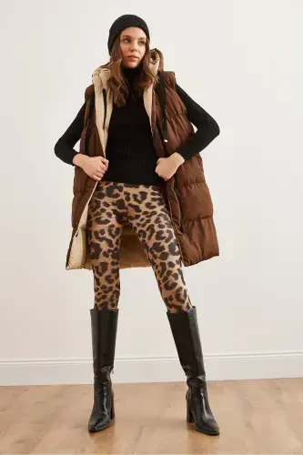 Women's Coffee Beige Reversible Padded Hooded Woven VestYLK-19000013-Coffee Beige - 4