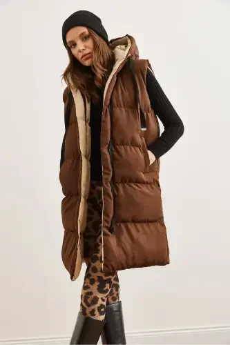 Women's Coffee Beige Reversible Padded Hooded Woven VestYLK-19000013-Coffee Beige - 5