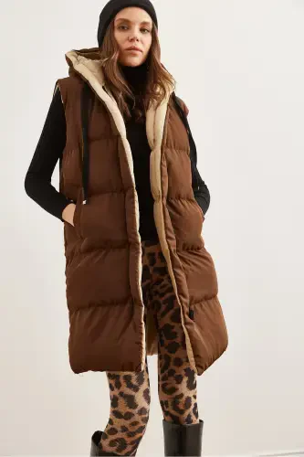 Women's Coffee Beige Reversible Padded Hooded Woven VestYLK-19000013-Coffee Beige - 6