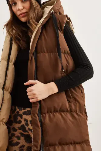 Women's Coffee Beige Reversible Padded Hooded Woven VestYLK-19000013-Coffee Beige - 7