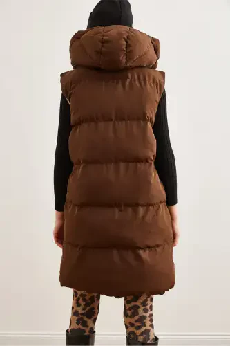 Women's Coffee Beige Reversible Padded Hooded Woven VestYLK-19000013-Coffee Beige - 8