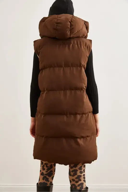 Women's Coffee Beige Reversible Padded Hooded Woven VestYLK-19000013-Coffee Beige - 8