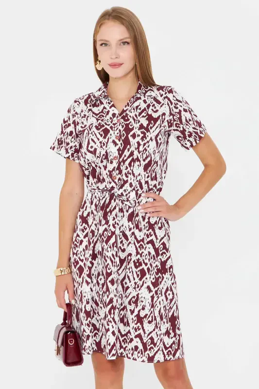 Women's Coffee Belted Elastic Waist Patterned Short Sleeve Shirt Dress ARM-23Y001079-Coffee - 1