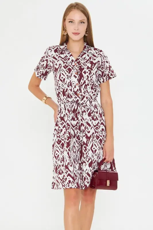 Women's Coffee Belted Elastic Waist Patterned Short Sleeve Shirt Dress ARM-23Y001079-Coffee - 2