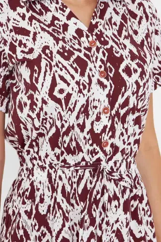 Women's Coffee Belted Elastic Waist Patterned Short Sleeve Shirt Dress ARM-23Y001079-Coffee - 3