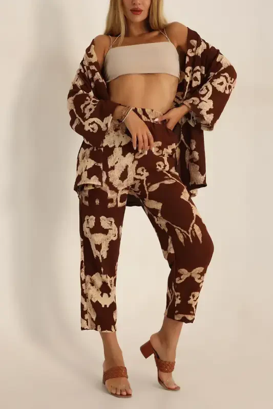 Women's Coffee Brown Patterned Kimono Set-coffee Patterned - 1