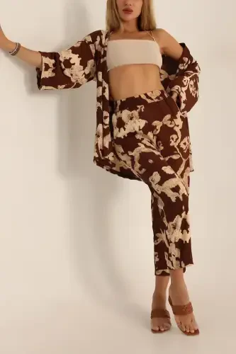Women's Coffee Brown Patterned Kimono Set-coffee Patterned - 3