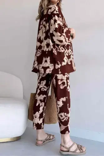 Women's Coffee Brown Patterned Kimono Set-coffee Patterned - 4