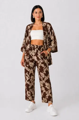 Women's Coffee Brown Patterned Kimono Set-coffee Patterned 