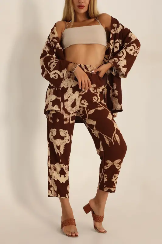 Women's Coffee Brown Patterned Kimono Set-coffee Patterned - 2