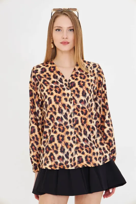 Women's Coffee Color Elasticated Patterned Shirt ARM-25 - 2