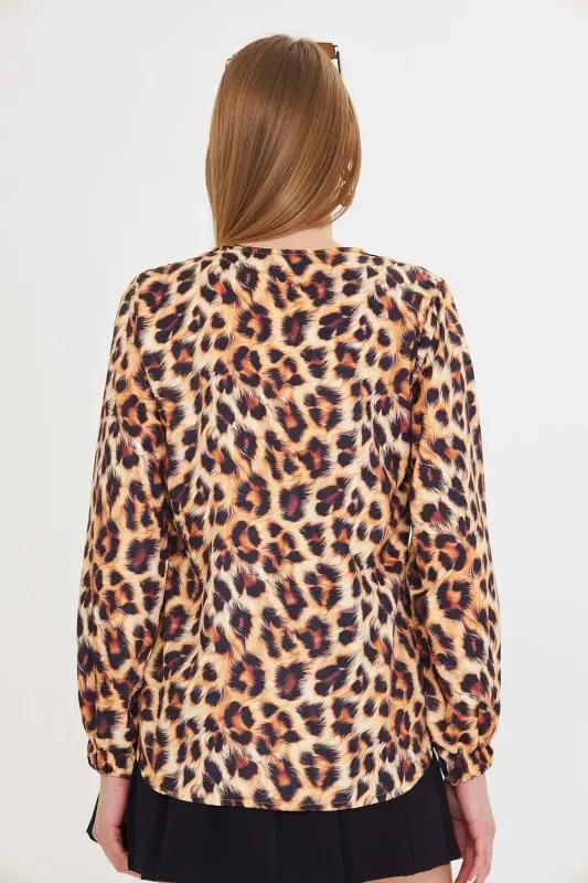 Women's Coffee Color Elasticated Patterned Shirt ARM-25 - 4