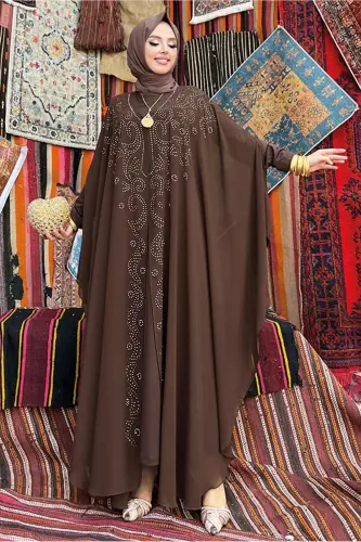 Women's Coffee Embroidered Tulle Double Abaya Suit T 6773-COFFEE - TRENDTESETTÜR (1)