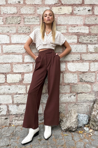 Women's Coffee High Waist Double Pocket Pleated Snap Closure Palazzo Pants ALC-X10753 - 1